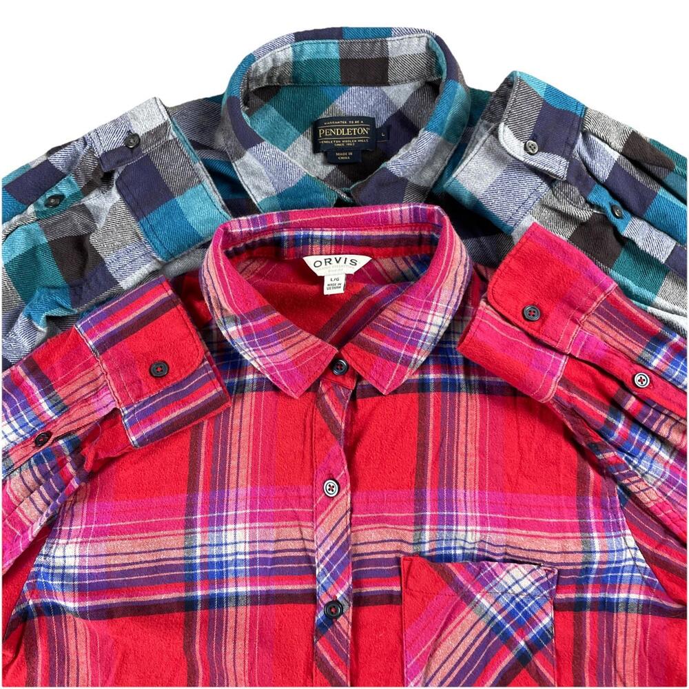 Lot Of 2 Flannels Orvis & Pendleton Blue Plaid Madras Red Women’s Size Large